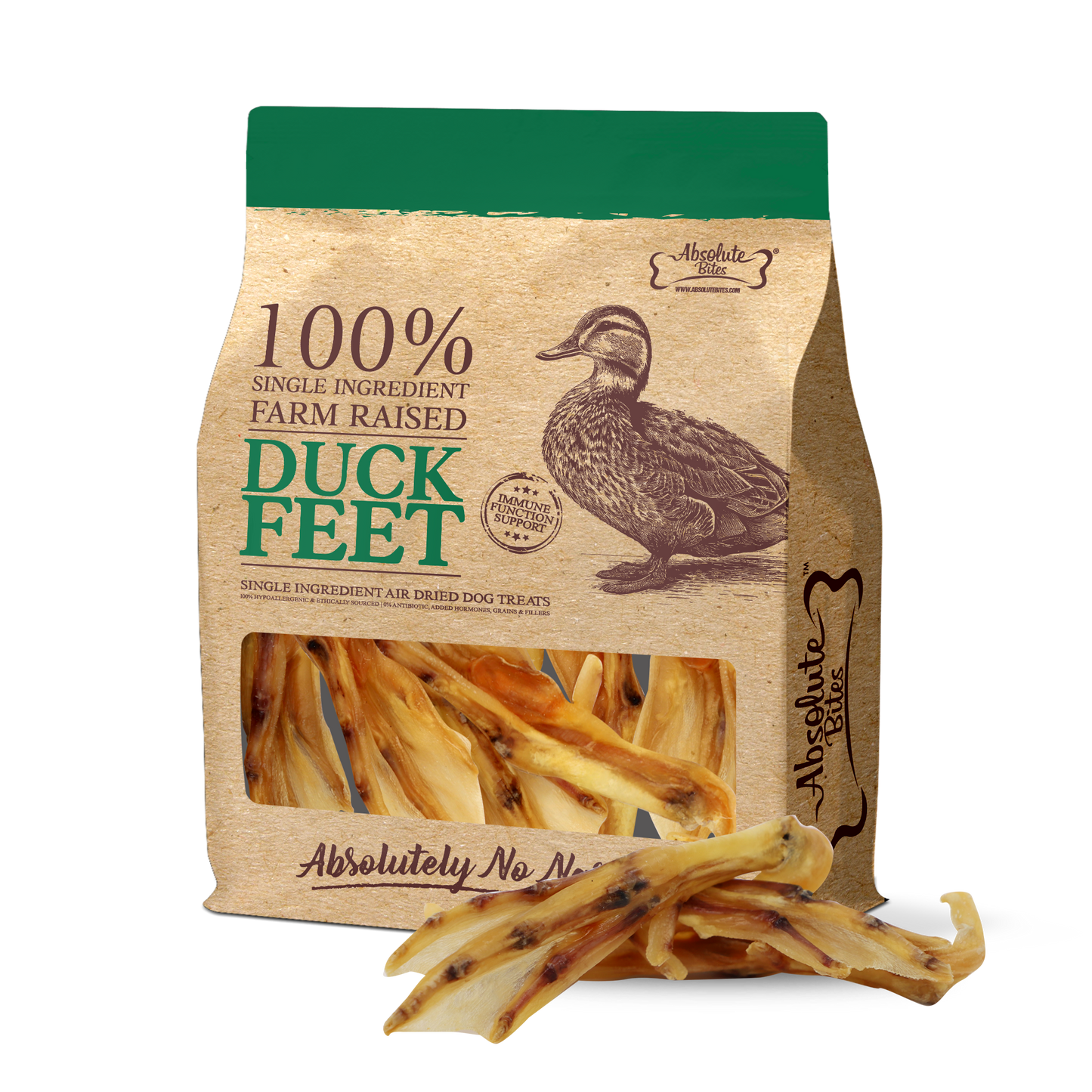 Absolute Bites Single Ingredient Air Dried Treats for Dogs - Farm Raised Duck Feet (16pcs)