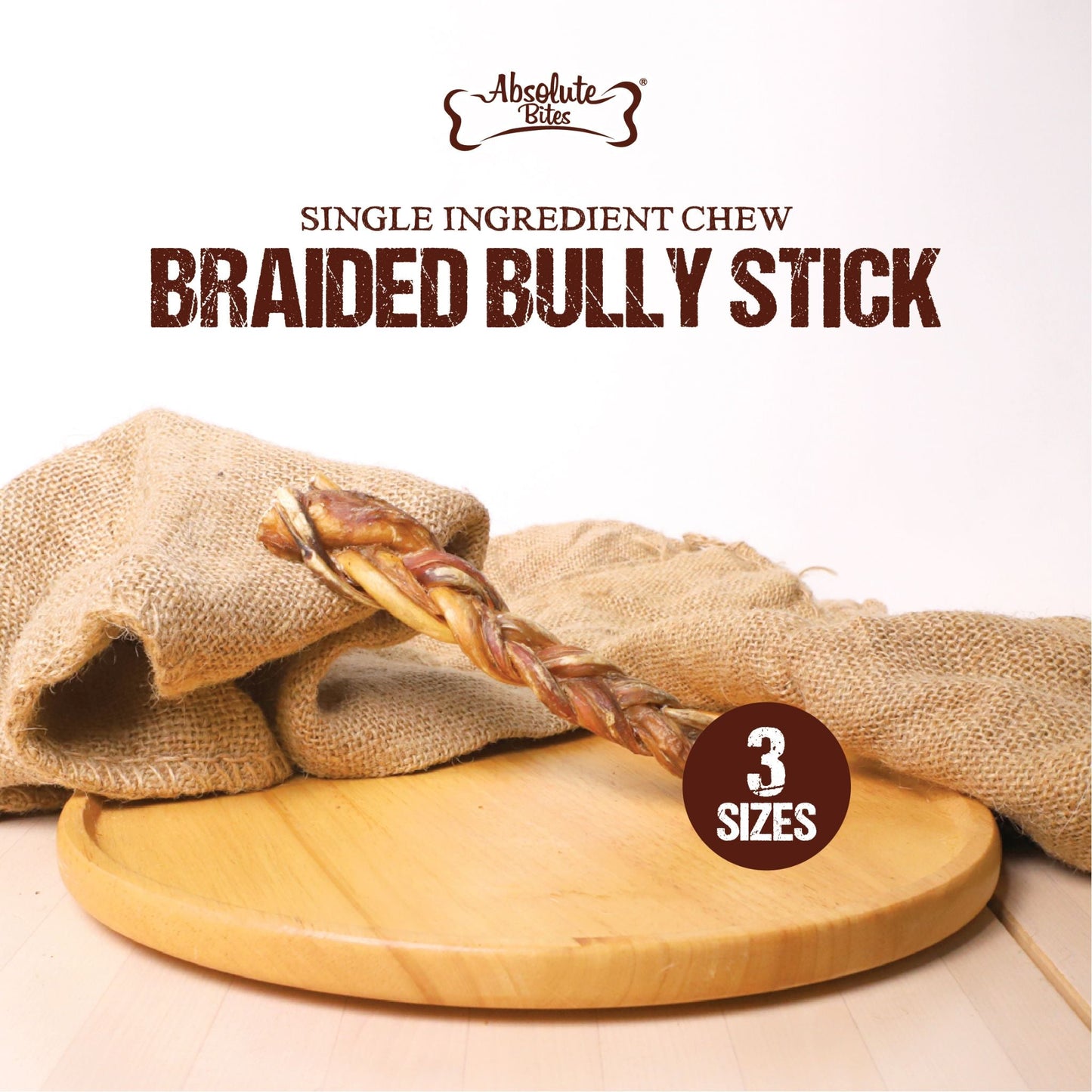 Absolute Bites Braided Bully Stick, high-protein, natural chew made from premium beef.