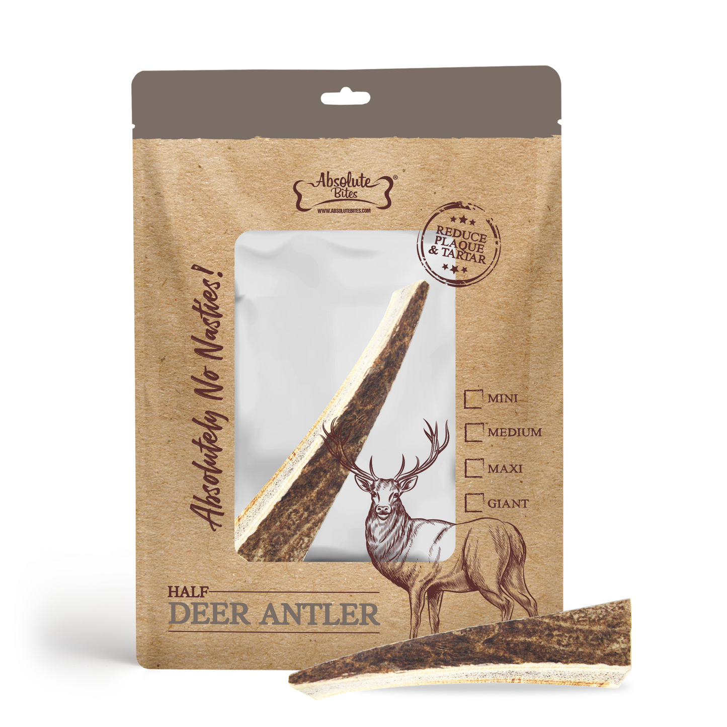 Absolute Bites Half Deer Antler, high-protein, natural chew for medium-sized dogs.