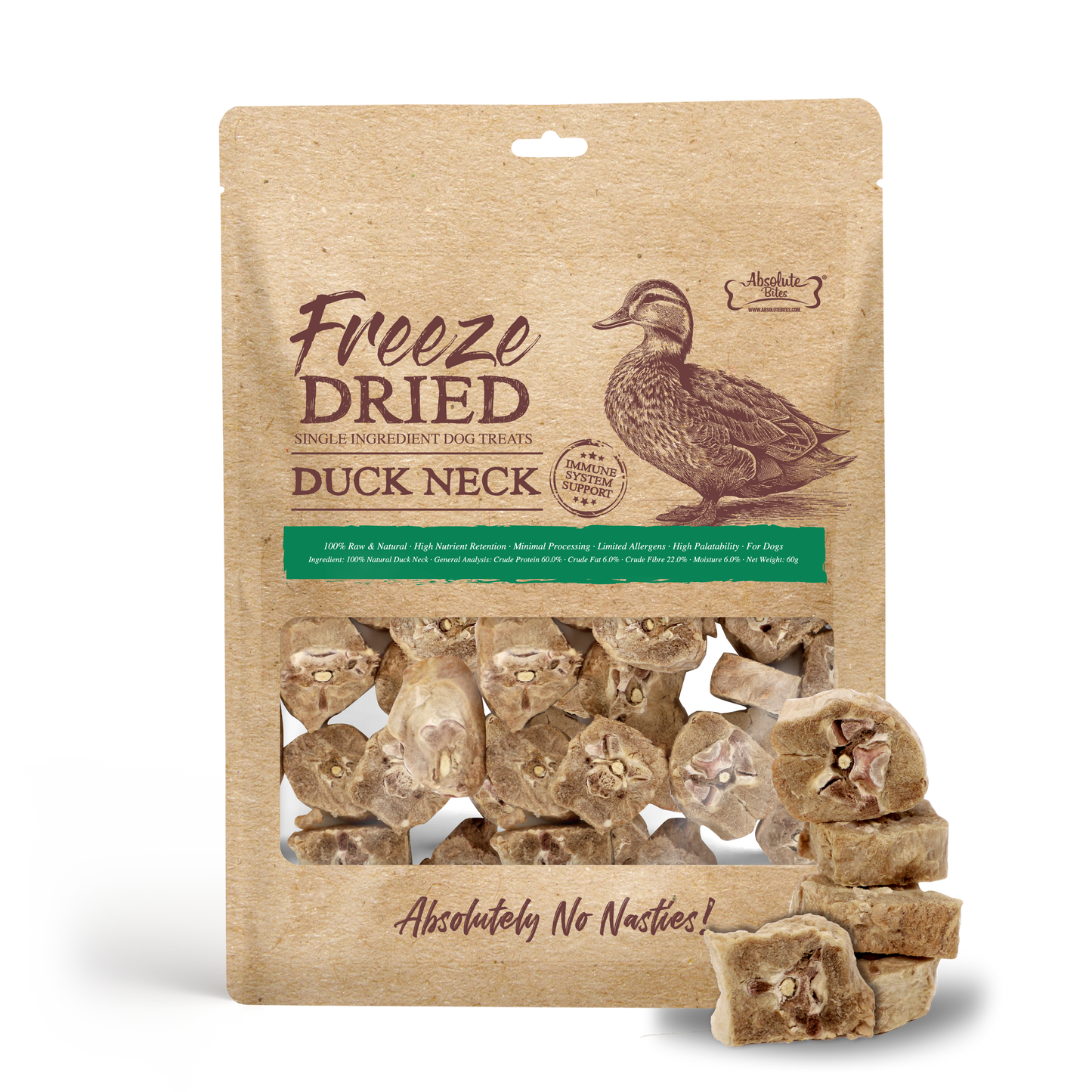 Absolute Bites Single Ingredient Freeze Dried Raw Treats for Dogs - Duck Neck (80g)