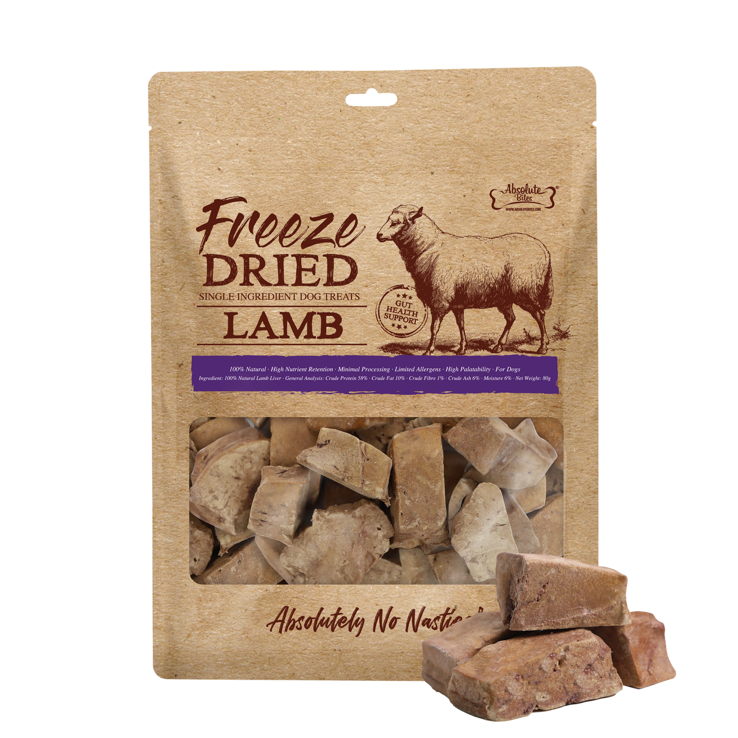 Absolute Bites Single Ingredient Freeze Dried Raw Treats for Dogs - Lamb (80g)
