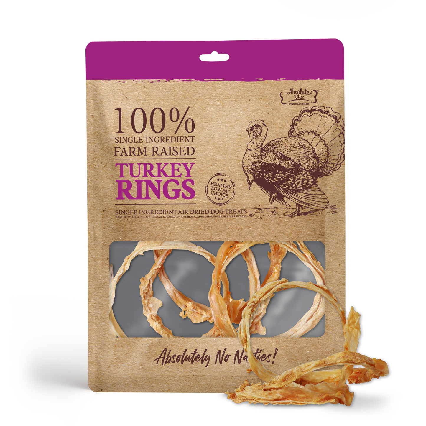 Absolute Bites Air Dried Turkey Rings (35g) for Dogs, high-protein, natural treats made from premium turkey.