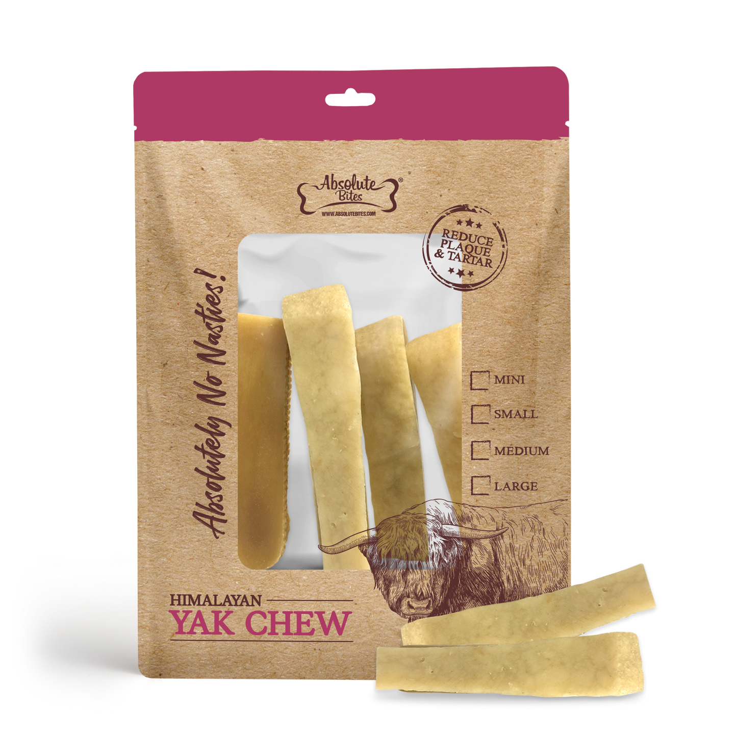 Absolute Bites Himalayan Yak Chew, high-protein, natural chew made from premium yak milk.