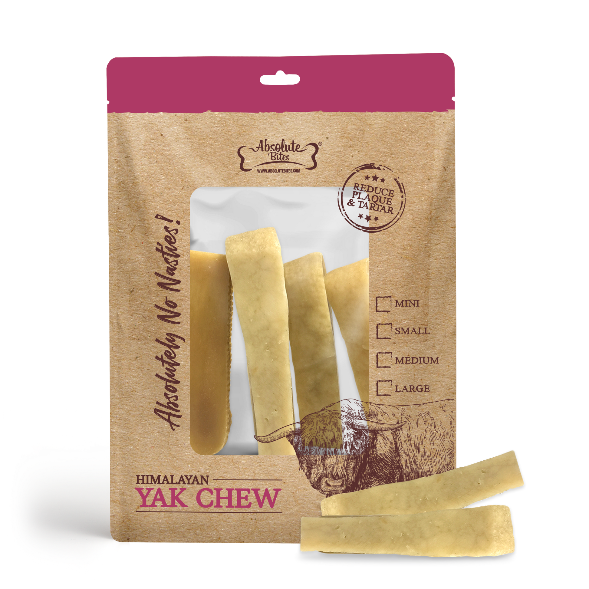 Absolute Bites Himalayan Yak Chew, high-protein, natural chew made from premium yak milk.