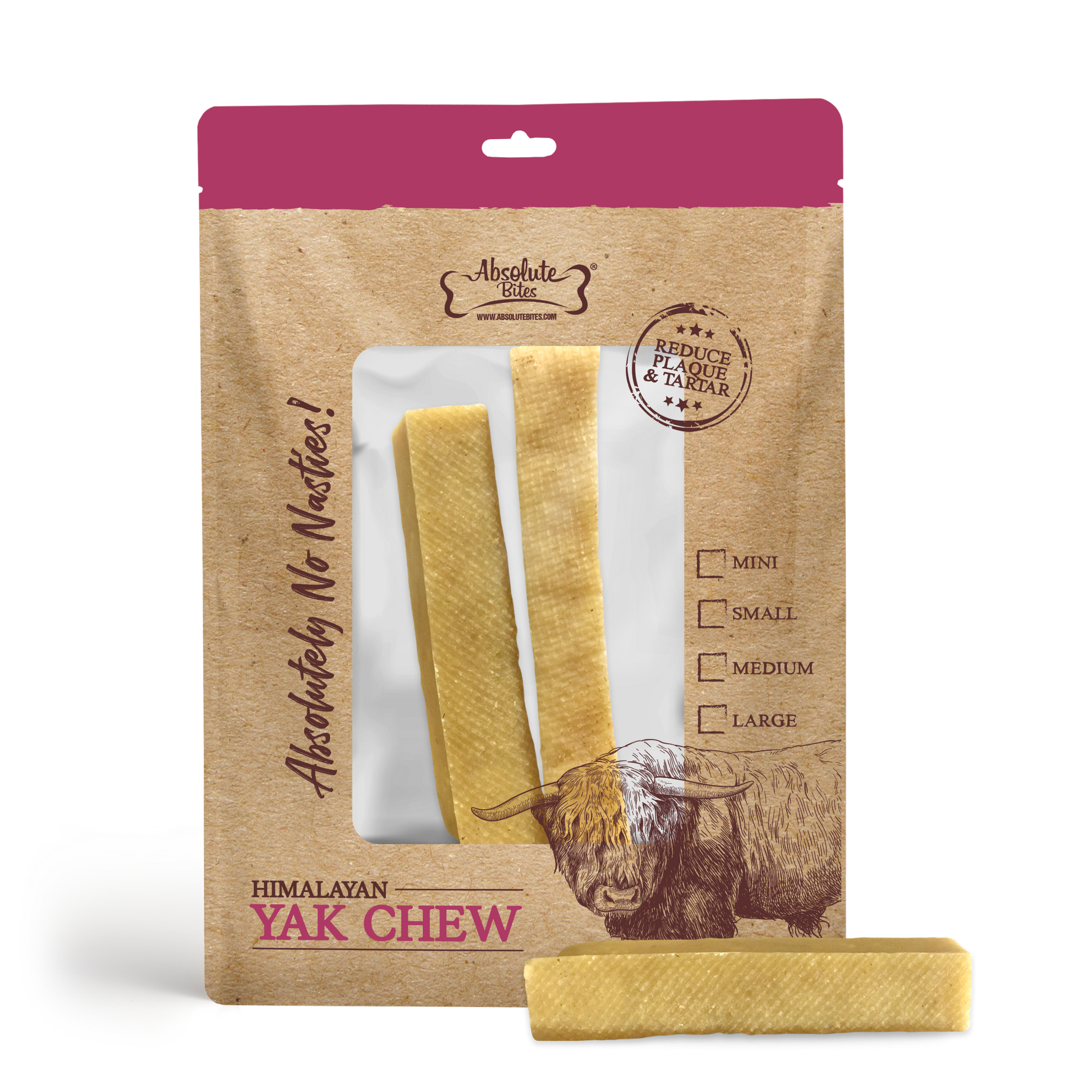 Absolute Bites Himalayan Yak Chew, high-protein, natural chew made from premium yak milk.