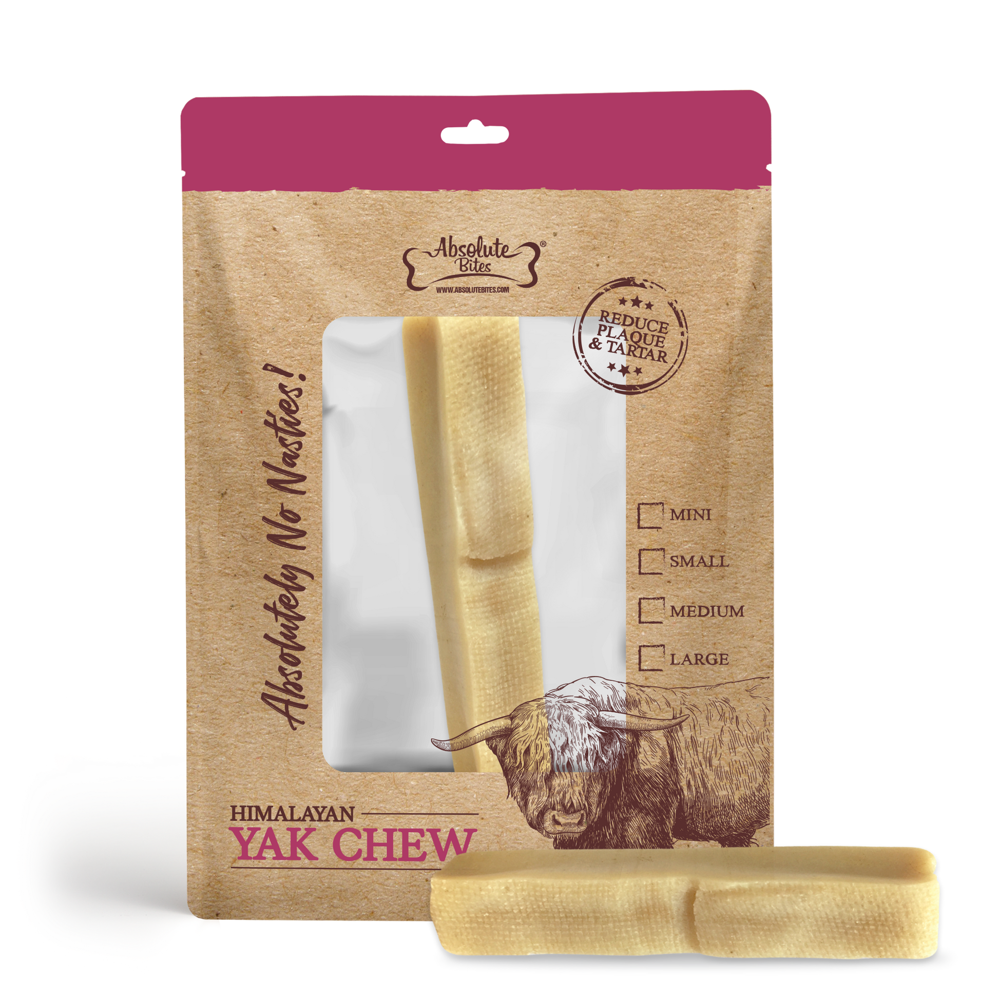 Absolute Bites Himalayan Yak Chew, high-protein, natural chew made from premium yak milk.