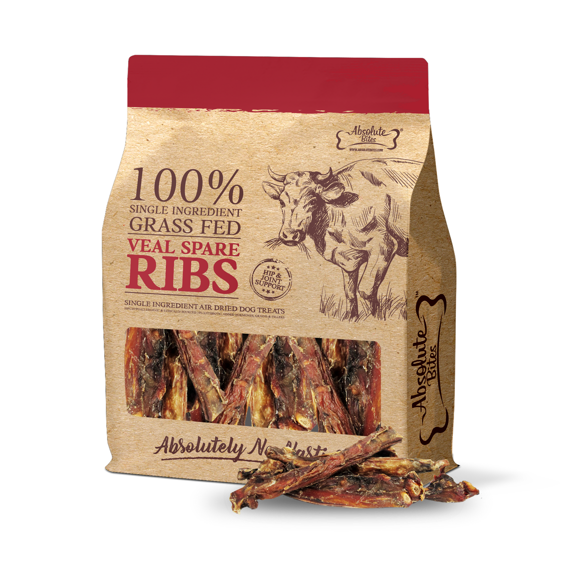 Absolute Bites Air Dried Veal Spare Ribs (250g) for Dogs, high-protein, natural treats made from premium veal.