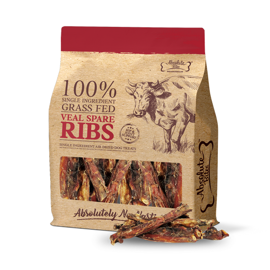 Absolute Bites Air Dried Veal Spare Ribs (250g) for Dogs, high-protein, natural treats made from premium veal.