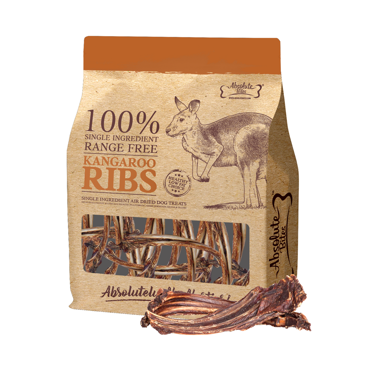 Absolute Bites Air Dried Roo Ribs, high-protein, single ingredient dog treat made from premium kangaroo ribs.