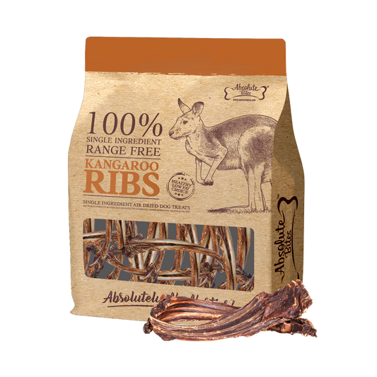 Absolute Bites Air Dried Roo Ribs, high-protein, single ingredient dog treat made from premium kangaroo ribs.