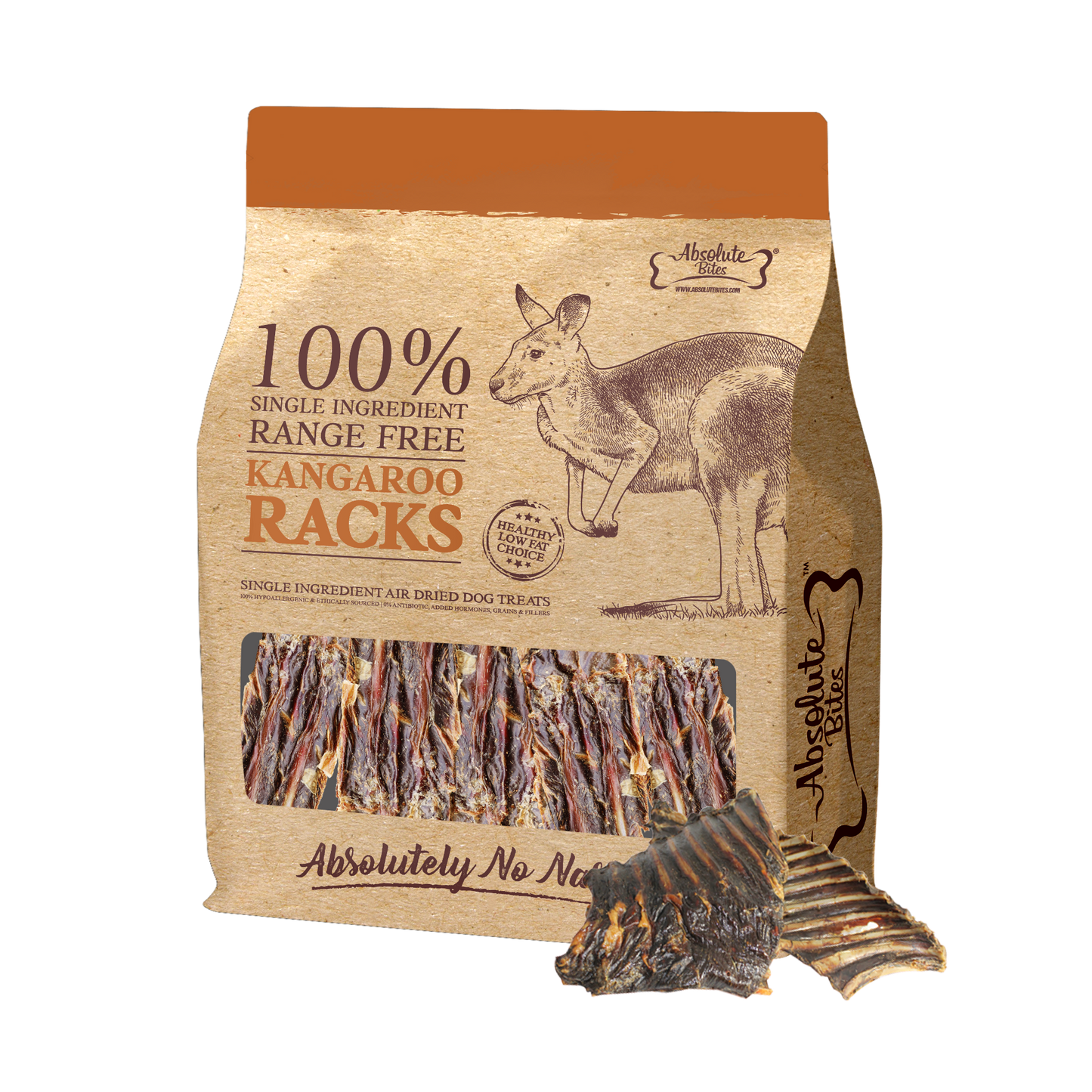 Absolute Bites Air Dried Roo Racks (250g) for Dogs, high-protein, natural treats made from premium kangaroo.
