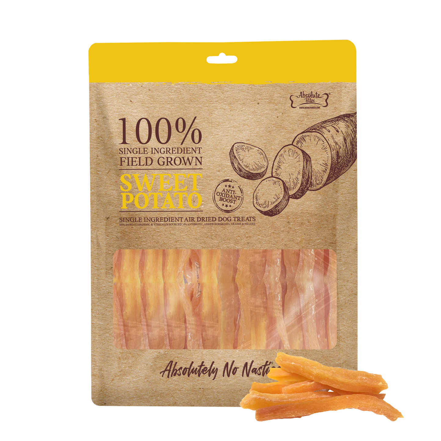 Absolute Bites Air Dried Sweet Potato for Dogs, natural, high-fiber treats that support digestion and health.