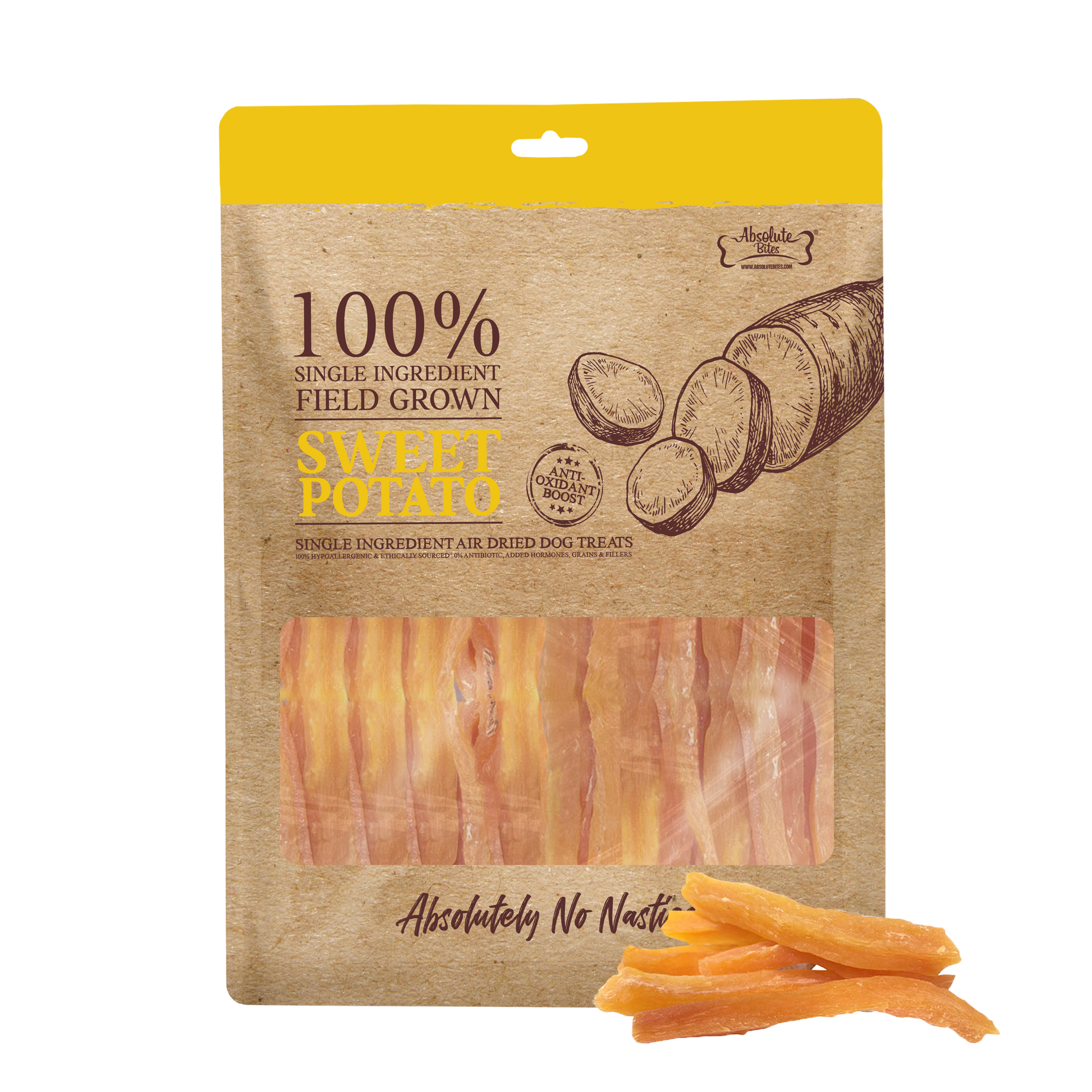 Absolute Bites Air Dried Sweet Potato for Dogs, natural, high-fiber treats that support digestion and health.