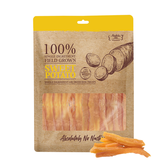 Absolute Bites Air Dried Sweet Potato for Dogs, natural, high-fiber treats that support digestion and health.