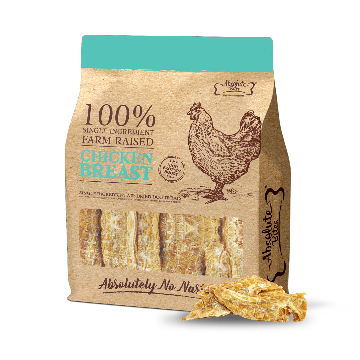 Absolute Bites Air Dried Chicken Breast Treats for Dogs, high-protein, natural snacks made from premium chicken.