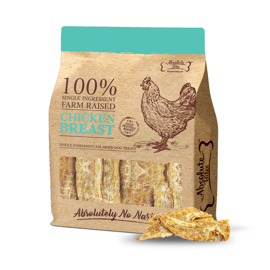 Absolute Bites Air Dried Chicken Breast Treats for Dogs, high-protein, natural snacks made from premium chicken.