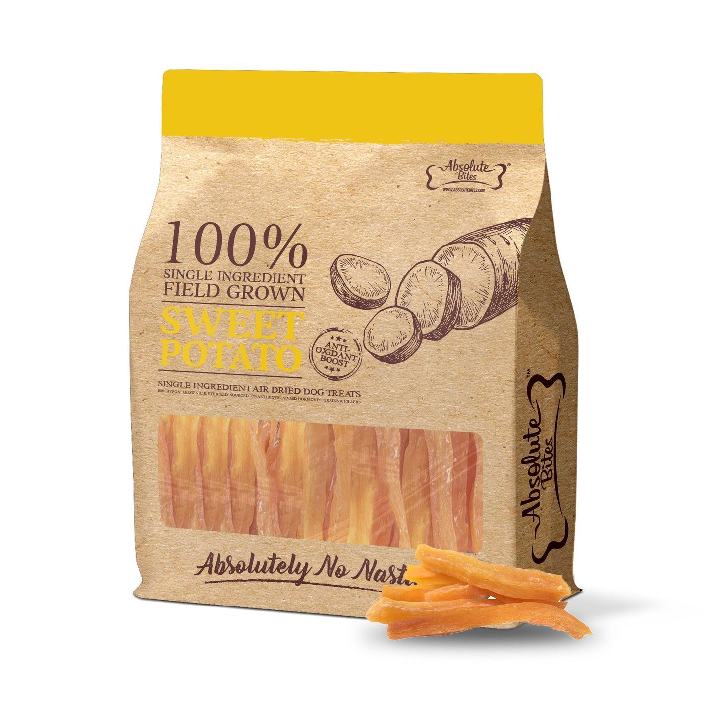 Absolute Bites Air Dried Sweet Potato for Dogs, natural, high-fiber treats that support digestion and health.
