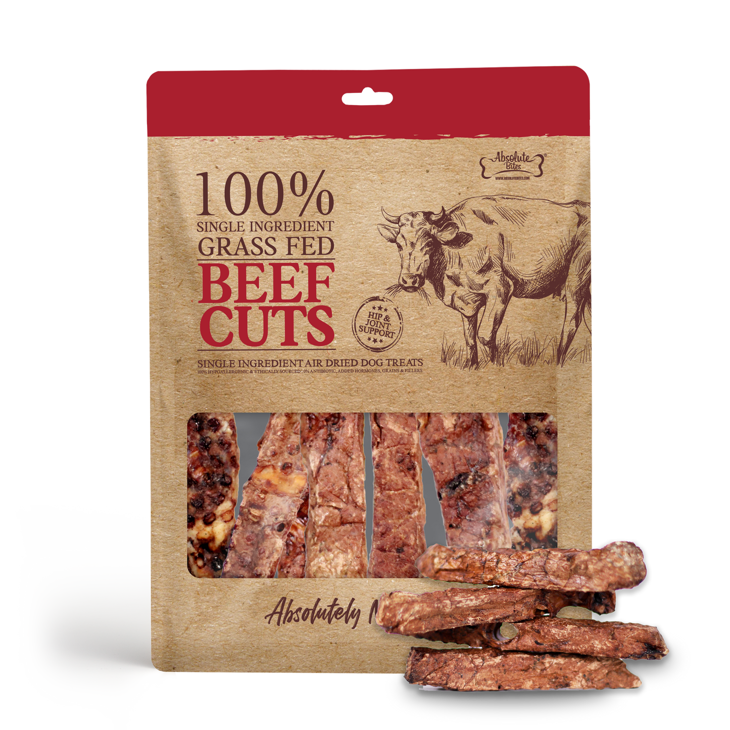 Absolute Bites Air Dried Beef Cuts, high-protein, natural dog treats made from premium beef.