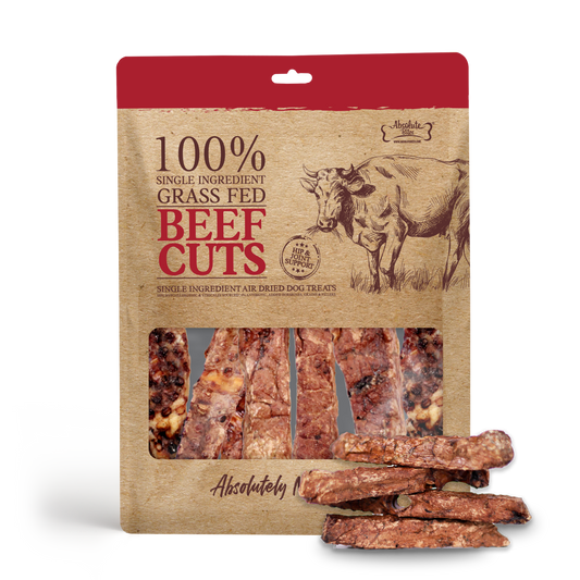 Absolute Bites Air Dried Beef Cuts, high-protein, natural dog treats made from premium beef.