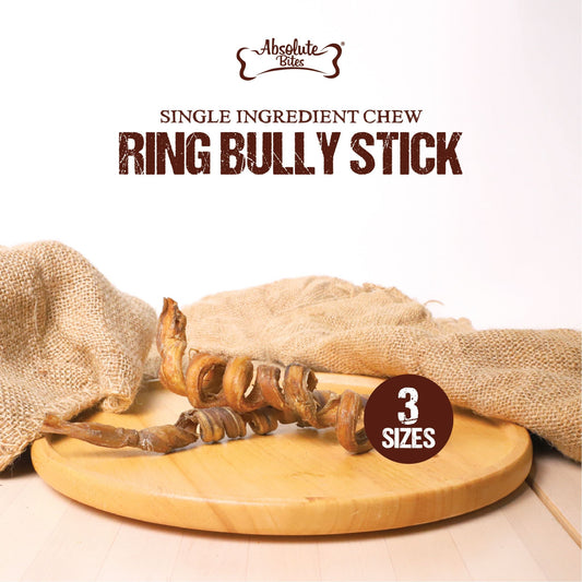 Absolute Bites Ring Bully Stick, high-protein, natural chew made from premium beef, available in three sizes.