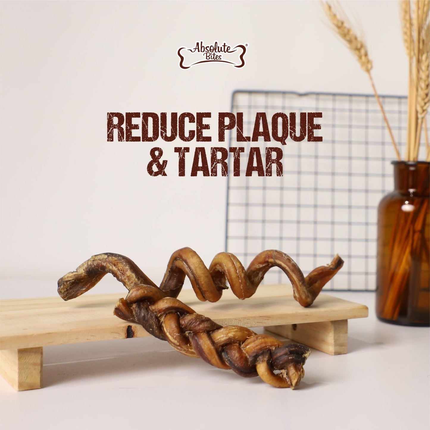 Absolute Bites Braided Bully Stick, high-protein, natural chew made from premium beef.