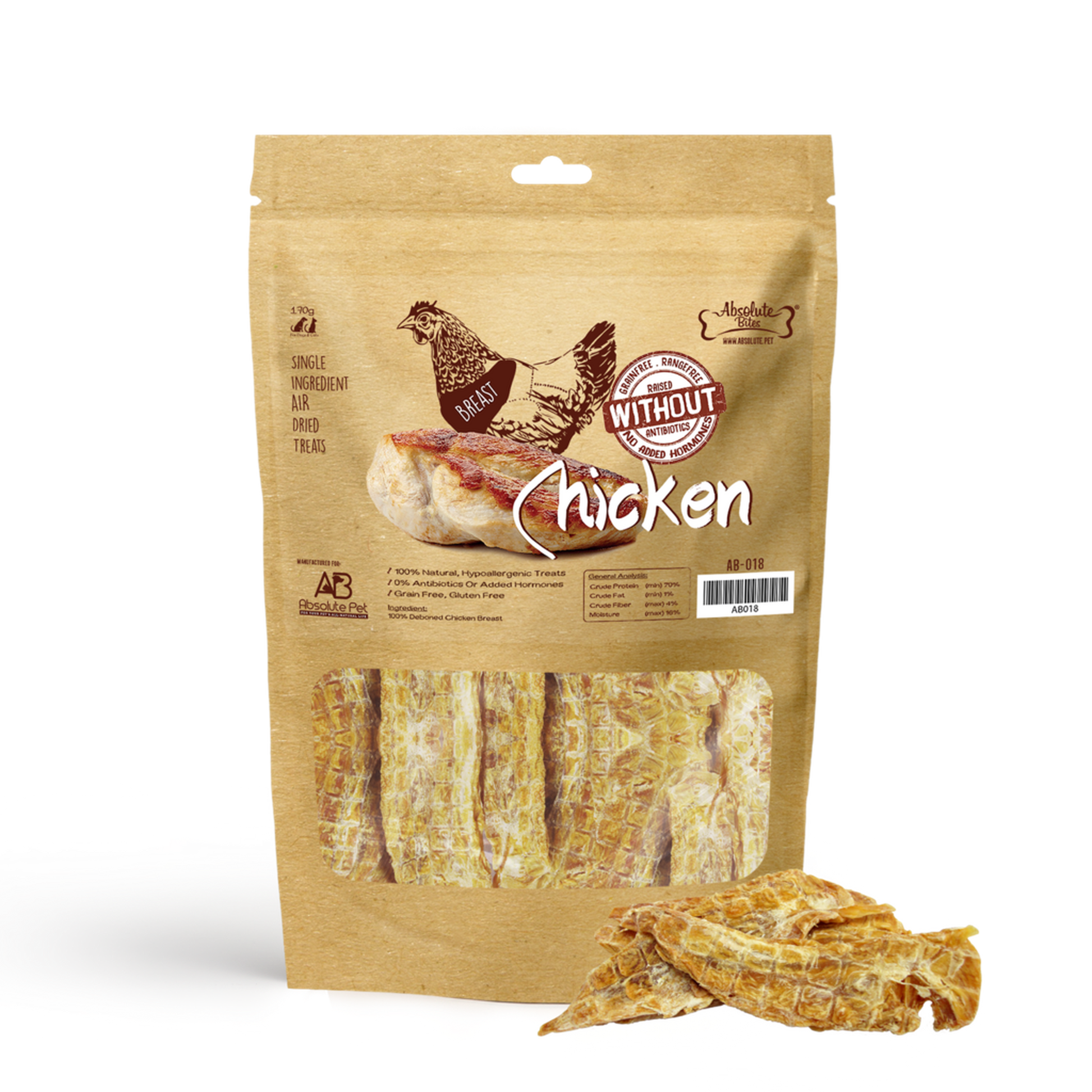 Absolute Bites Air Dried Chicken Breast Treats, high-protein, natural dog snacks made from premium chicken.