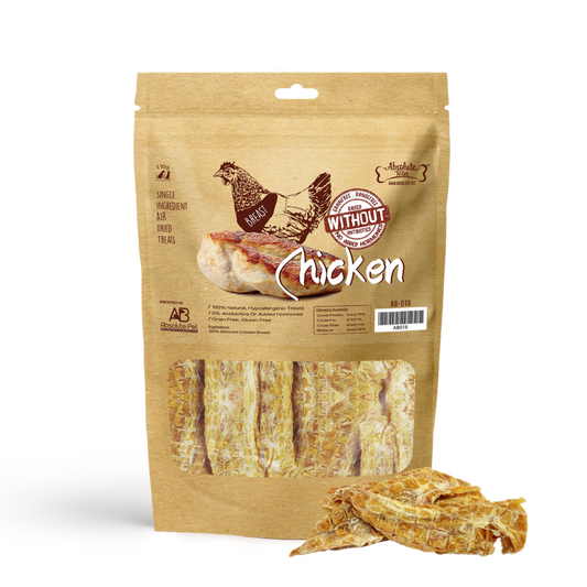 Absolute Bites Air Dried Chicken Breast Treats, high-protein, natural dog snacks made from premium chicken.
