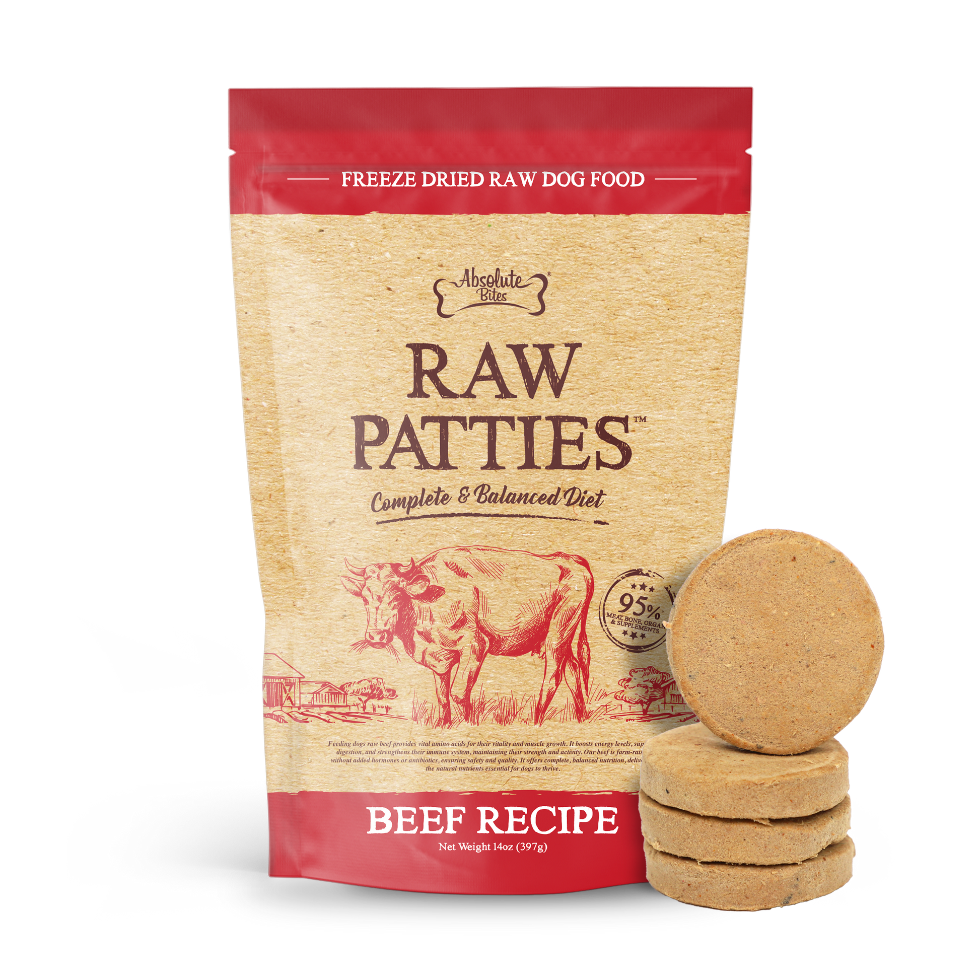 Absolute Bites Freeze-Dried Raw Patty, protein-packed and made with high-quality raw beef.