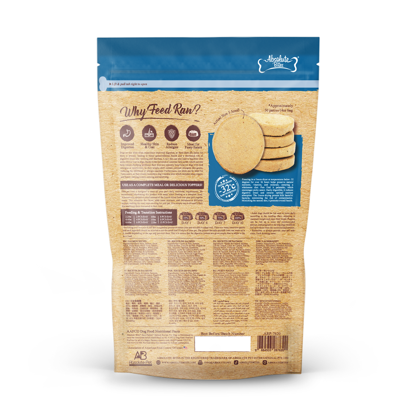 Absolute Bites Freeze-Dried Raw Salmon Patty for Dogs (12oz), high-protein treat made with premium raw salmon.