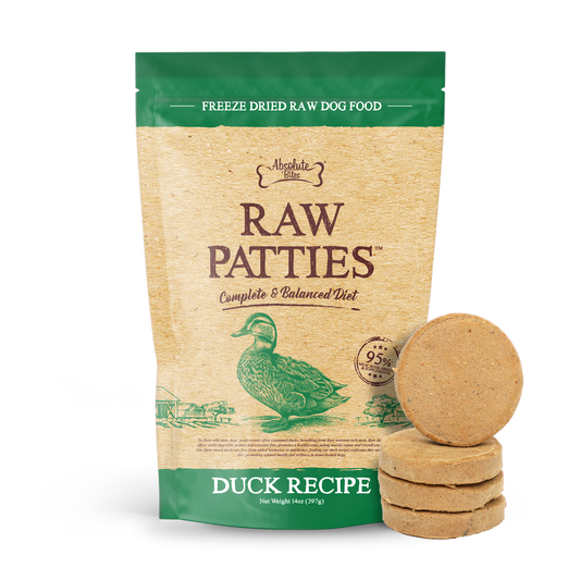 Absolute Bites Freeze-Dried Raw Duck Patty for Dogs, high-protein treat made with premium raw duck.