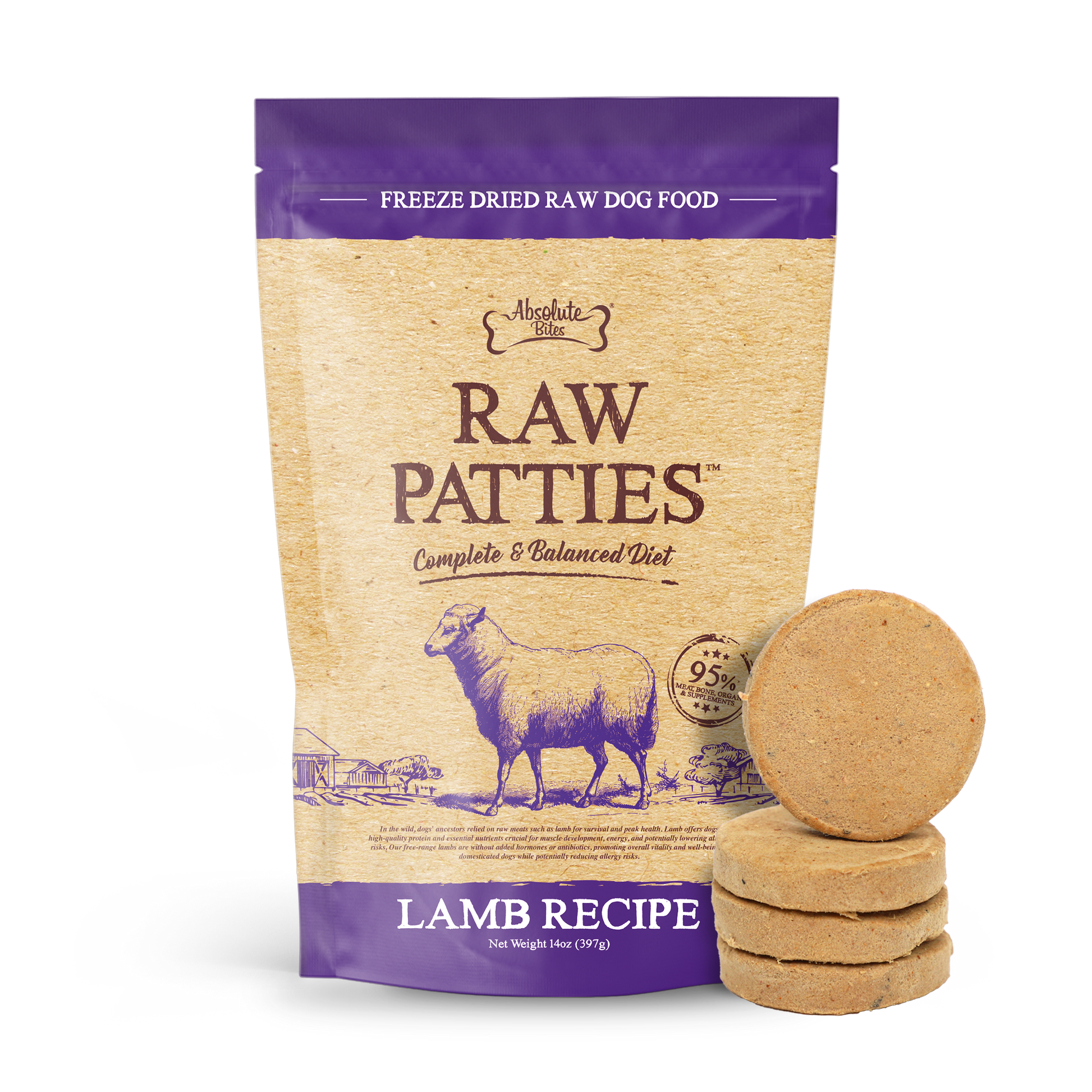 Absolute Bites Freeze-Dried Raw Lamb Patty for Dogs, high-protein treat made with premium raw lamb.
