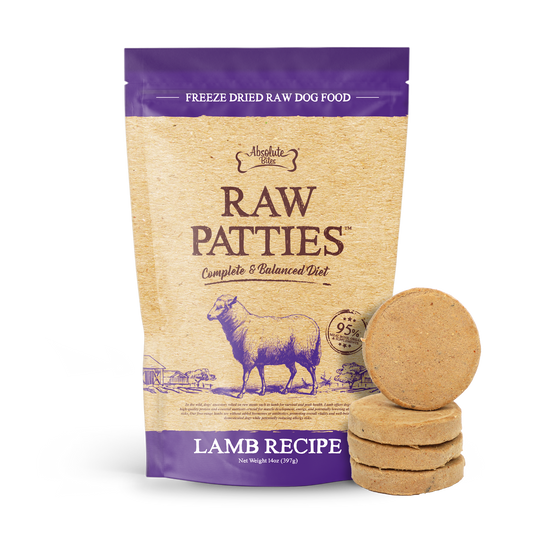 Absolute Bites Freeze-Dried Raw Lamb Patty for Dogs, high-protein treat made with premium raw lamb.