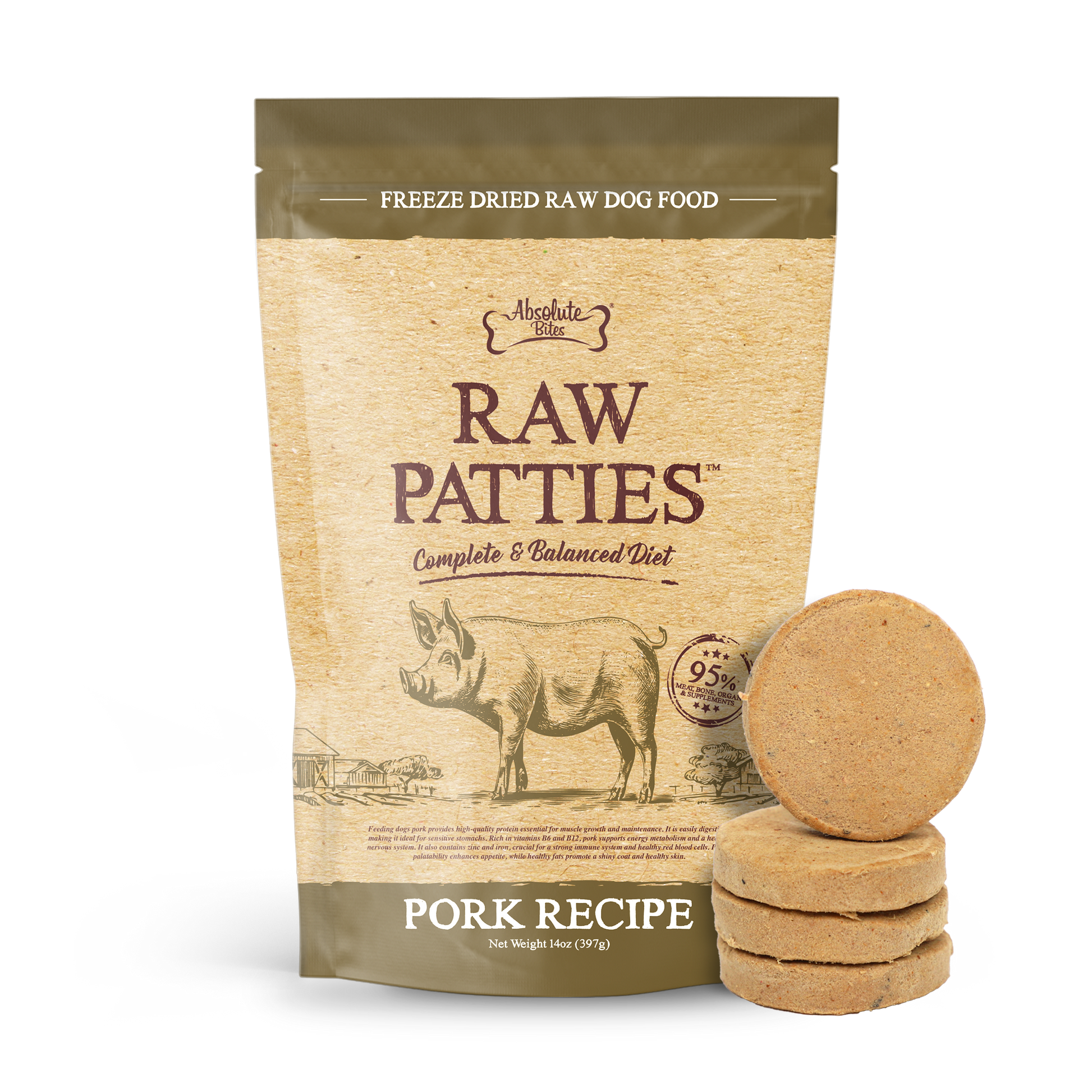 Absolute Bites Freeze-Dried Raw Pork Patty for Dogs (12oz), high-protein treat made with premium raw pork.