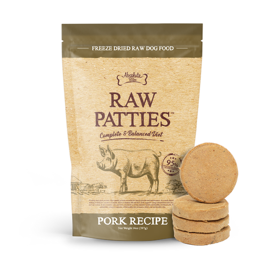 Absolute Bites Freeze-Dried Raw Pork Patty for Dogs (12oz), high-protein treat made with premium raw pork.