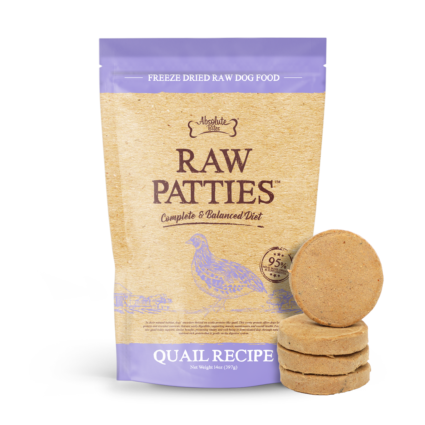 Absolute Bites Freeze-Dried Raw Quail Patty for Dogs (12oz), high-protein treat made with premium raw quail.