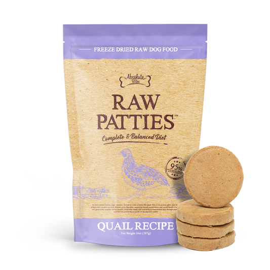 Absolute Bites Freeze-Dried Raw Quail Patty for Dogs (12oz), high-protein treat made with premium raw quail.