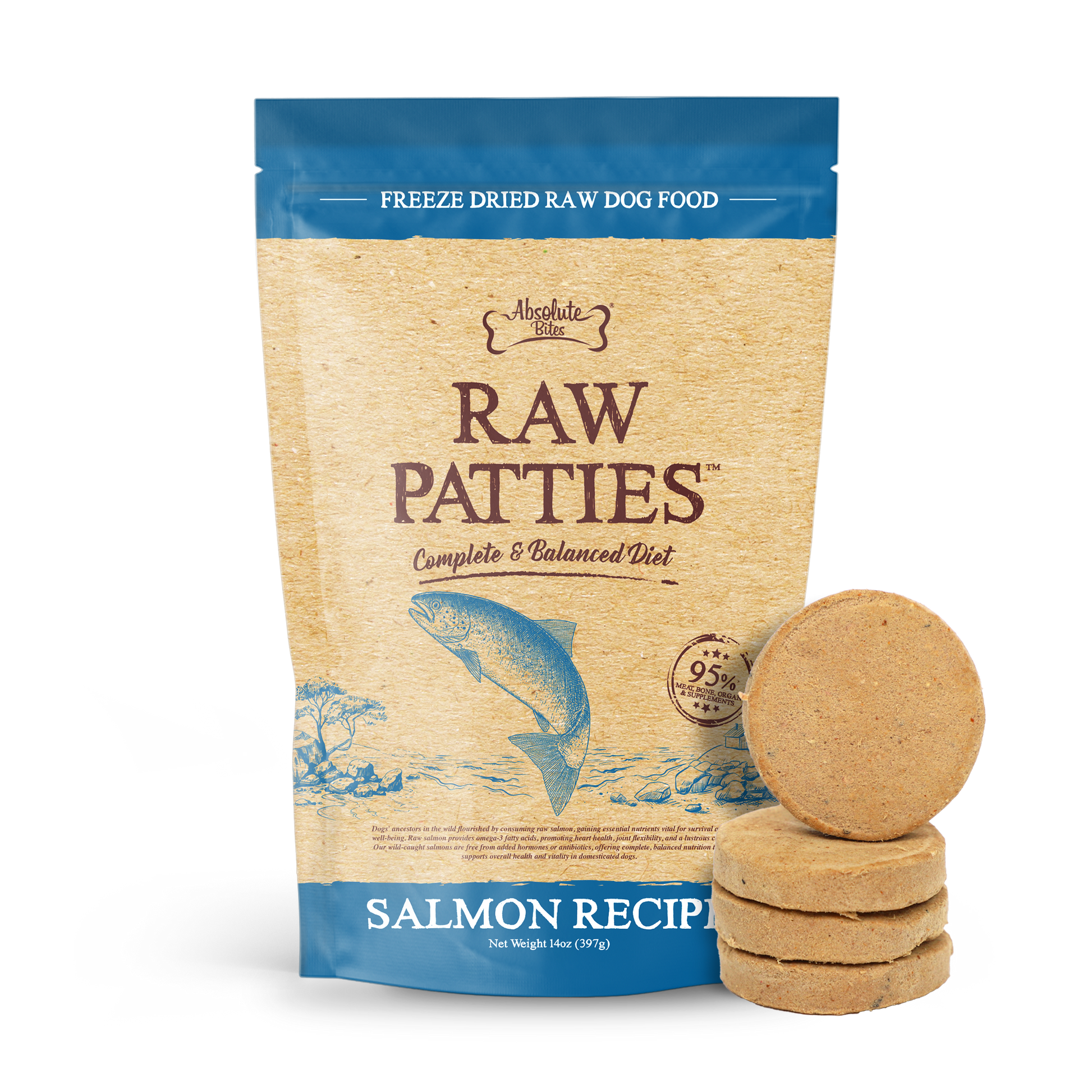 Absolute Bites Freeze-Dried Raw Salmon Patty for Dogs (12oz), high-protein treat made with premium raw salmon.