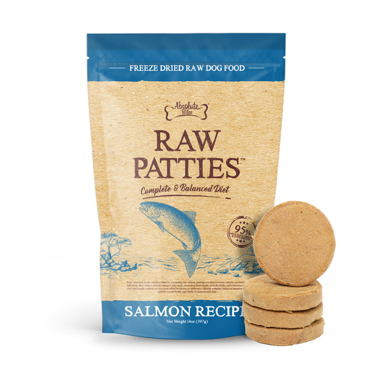 Absolute Bites Freeze-Dried Raw Salmon Patty for Dogs (12oz), high-protein treat made with premium raw salmon.
