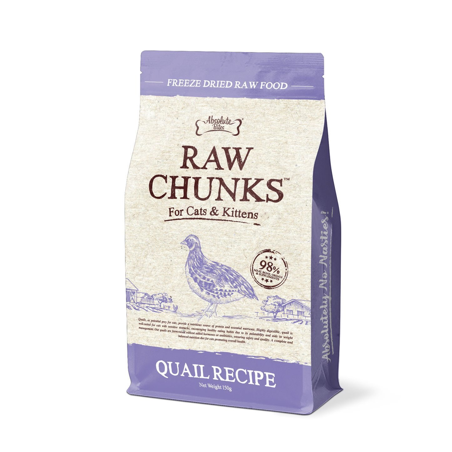 Absolute Bites Raw Chunks Freeze Dried Raw Food for Cats & Kittens | Quail Recipe