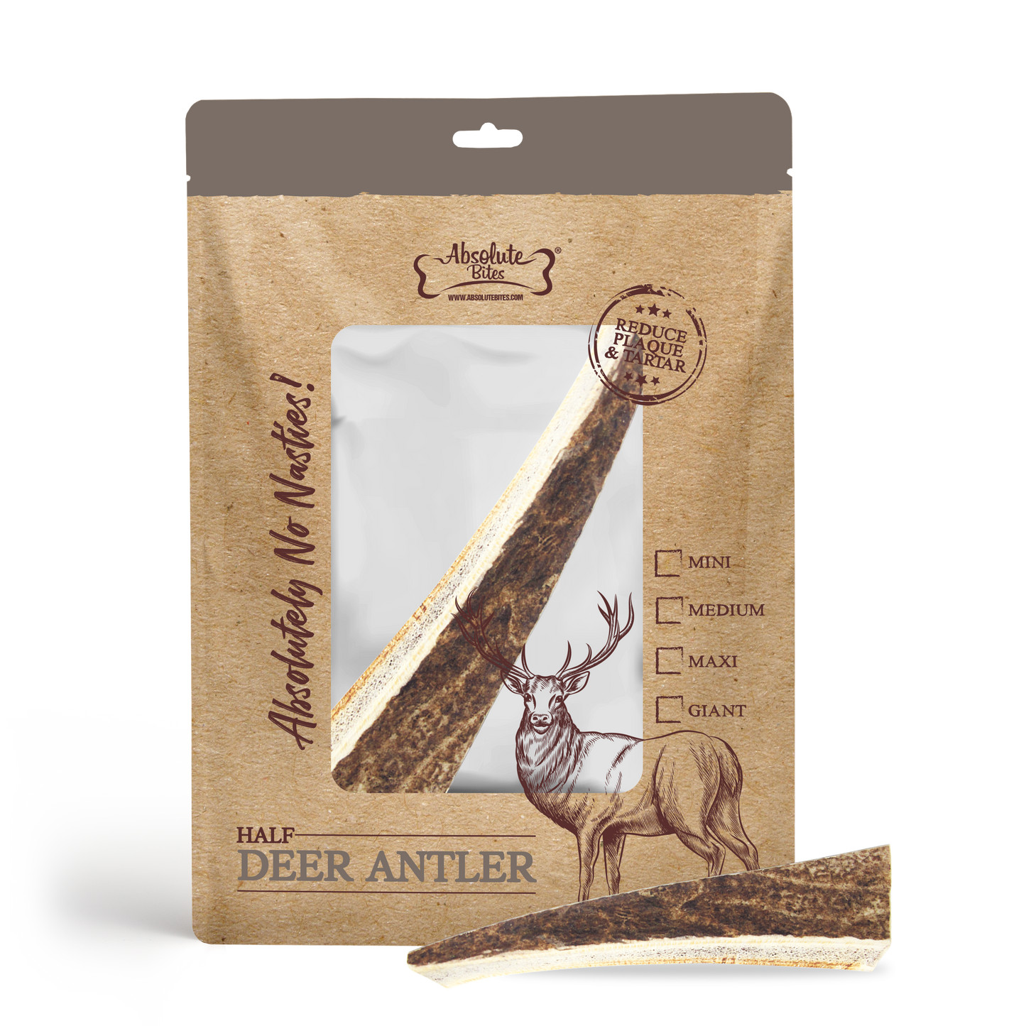 Absolute Bites Half Deer Antler, high-protein, natural chew for medium-sized dogs.