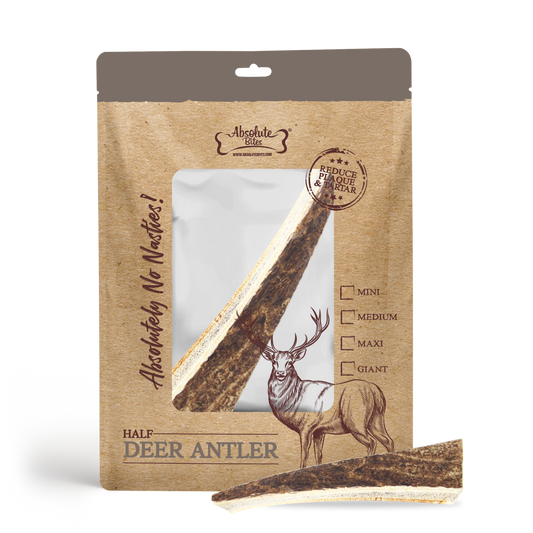 Absolute Bites Half Deer Antler, high-protein, natural chew for medium-sized dogs.