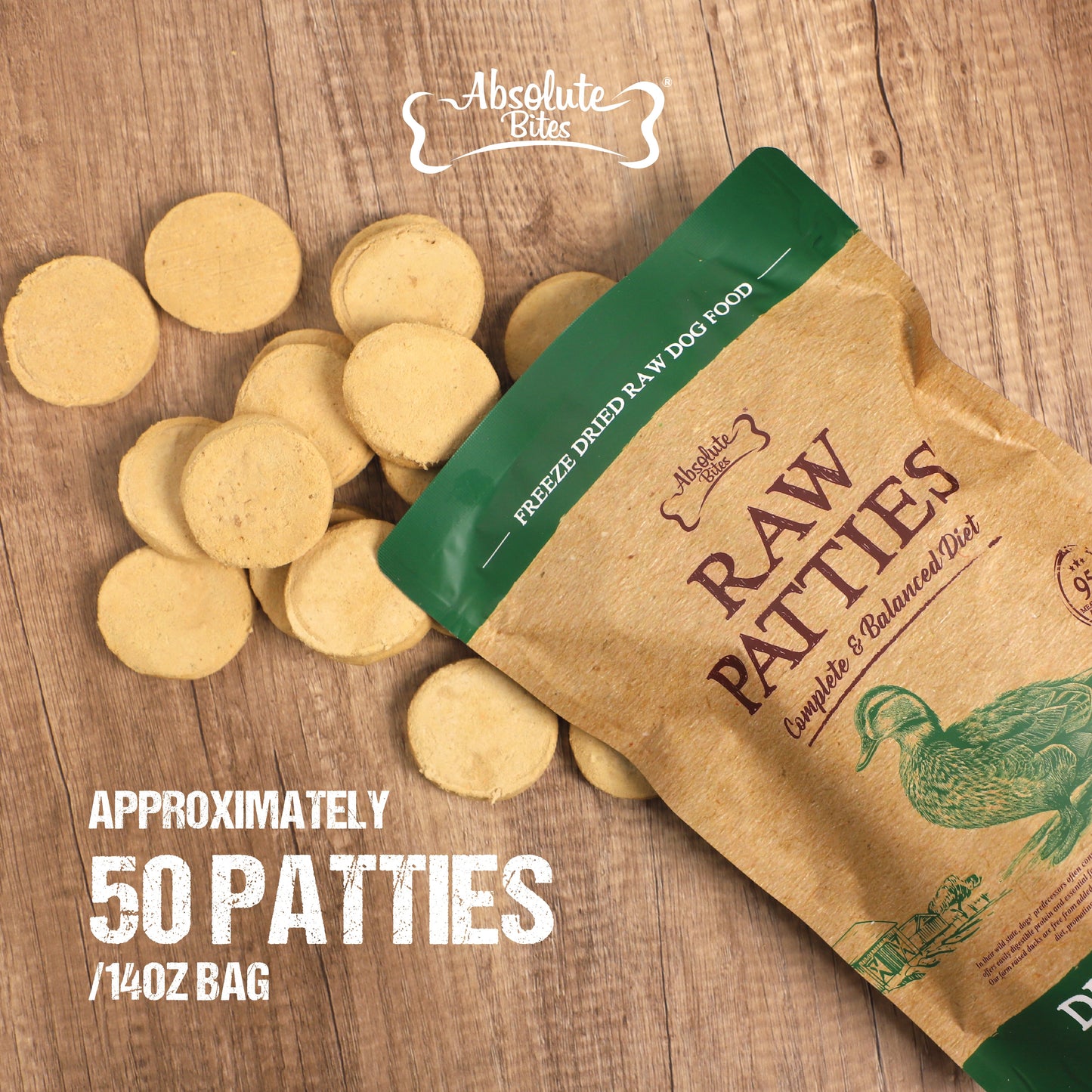 Absolute Bites Freeze-Dried Raw Duck Patty for Dogs, high-protein treat made with premium raw duck.