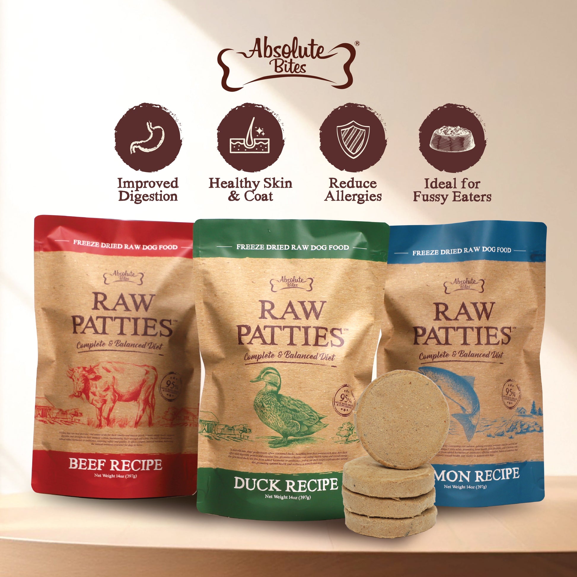 Absolute Bites Freeze-Dried Raw Lamb Patty for Dogs, high-protein treat made with premium raw lamb.