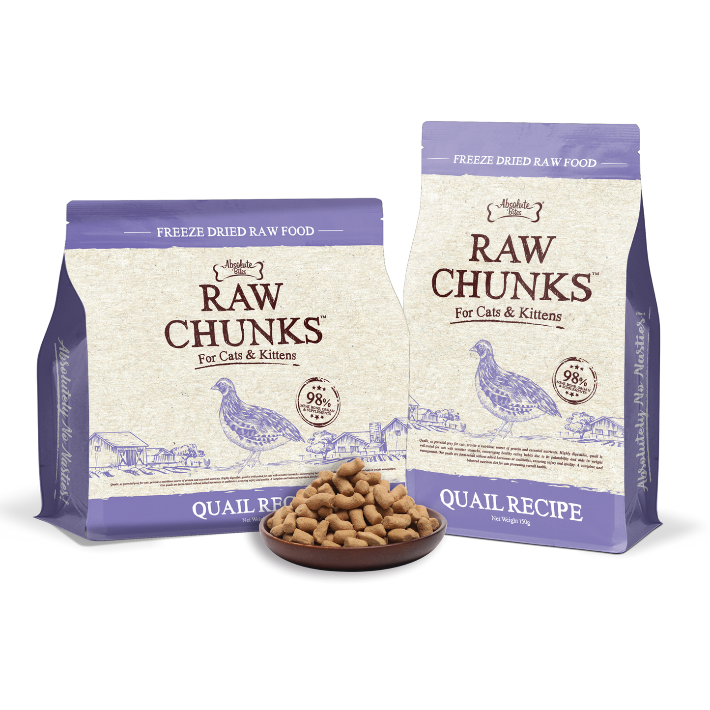 Absolute Bites Raw Chunks Freeze Dried Raw Food for Cats & Kittens | Quail Recipe