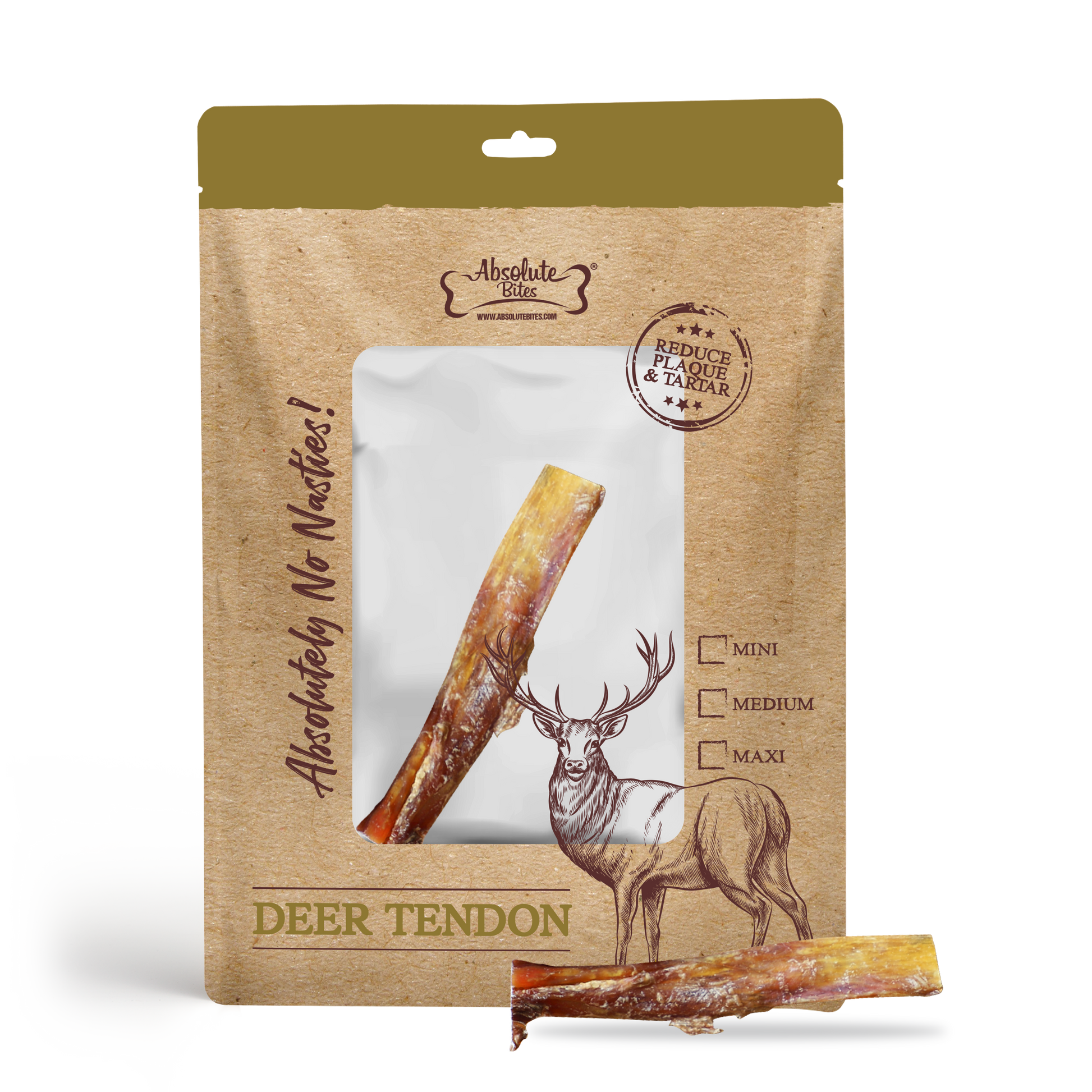 Absolute Bites Deer Tendon, high-protein, natural chew for dogs made from premium deer tendon.