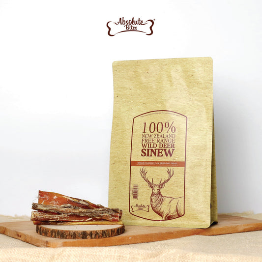 Absolute Bites Air Dried Wild Deer Sinew (150g), high-protein, natural dog treats made from premium wild deer.
