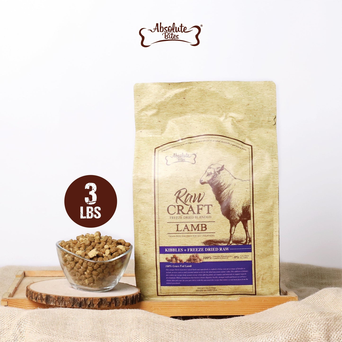 Absolute Bites Raw Craft Freeze-Dried Lamb Dog Food, high-protein, nutrient-rich meal made with premium lamb.