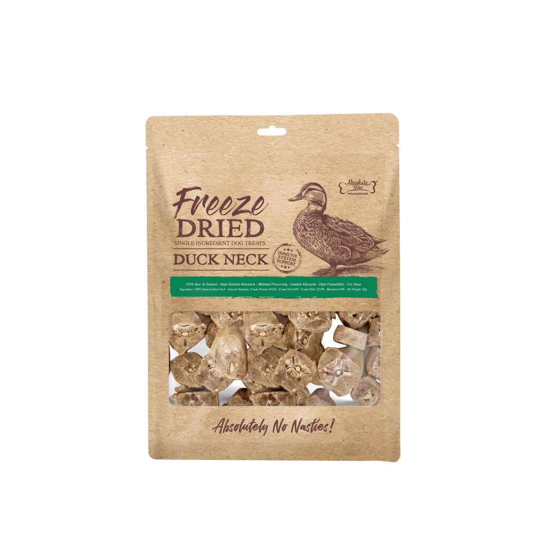 Absolute Bites Single Ingredient Freeze Dried Raw Treats for Dogs - Duck Neck